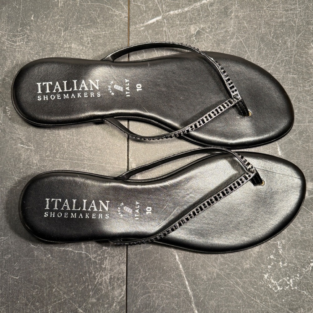 Women Italian Shoemakers Shoes | Size 10 | Black Rhinestone Thong Wedge Sandals - Picture 7 of 9